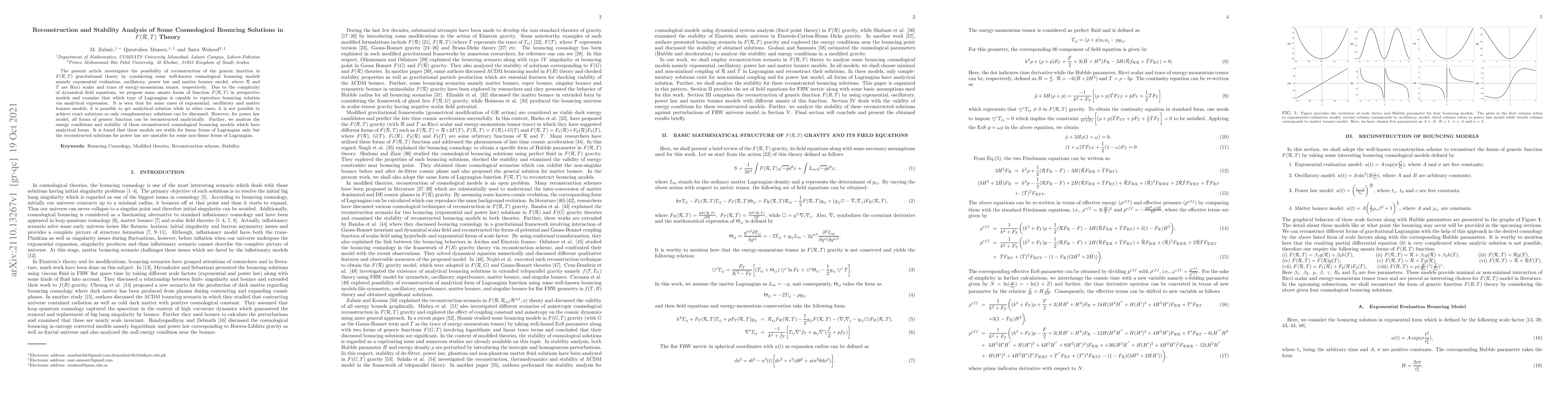 Thumbnail for Reconstruction and Stability Analysis of Some Cosmological Bouncing
  Solutions in $F(\mathcal{R},T)$ Theory