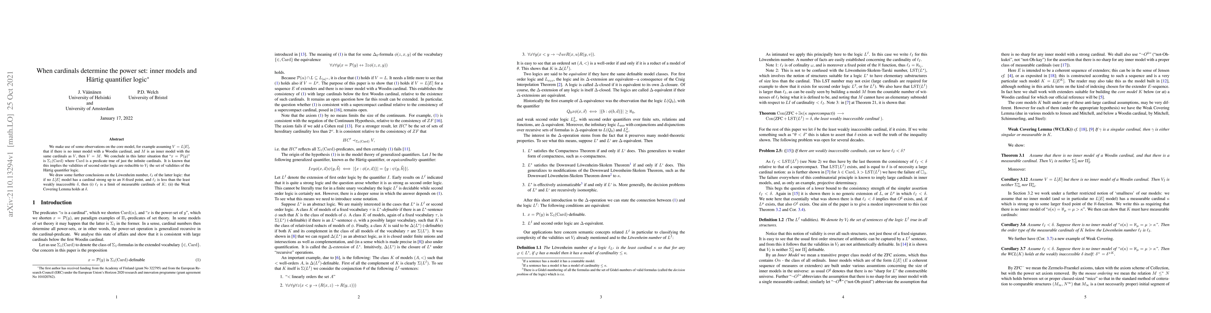 Thumbnail for When cardinals determine the power set: inner models and H\"artig
  quantifier logic