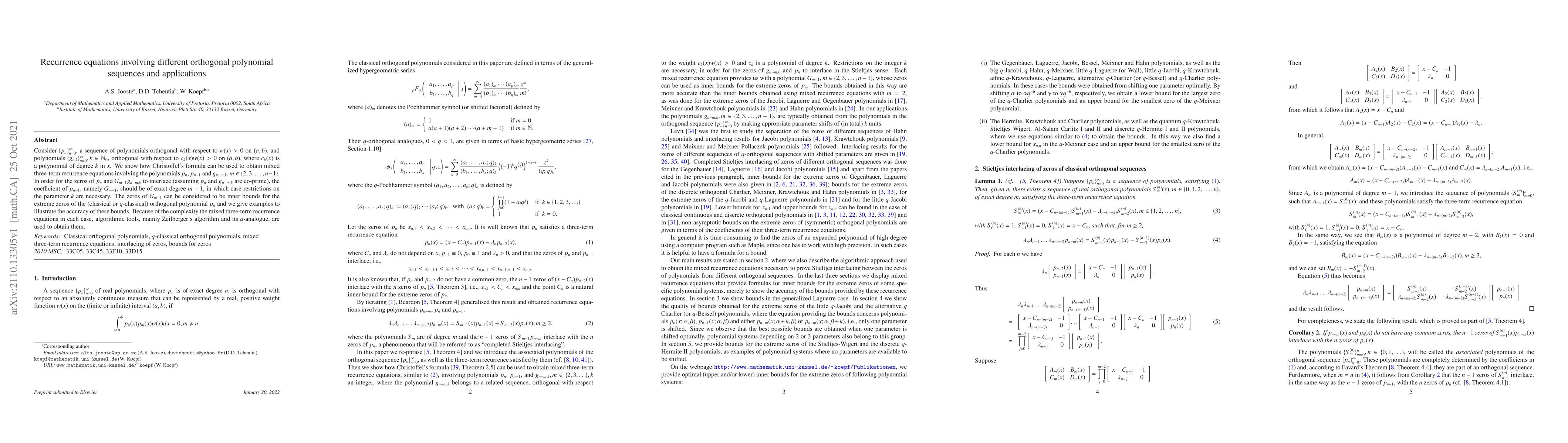 Thumbnail for Recurrence equations involving different orthogonal polynomial sequences
  and applications