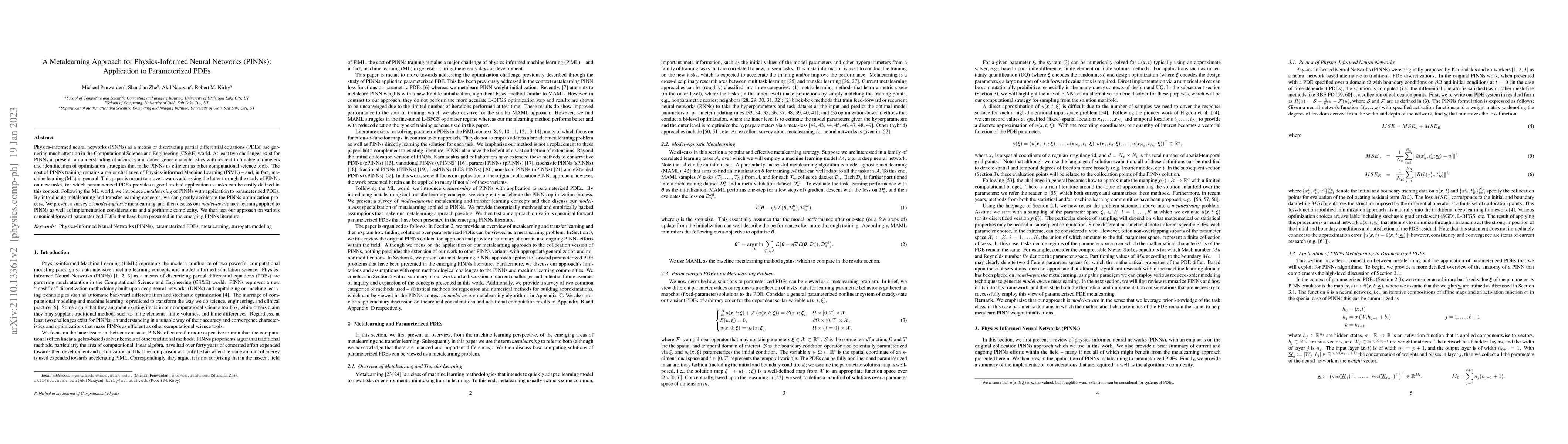 Thumbnail for A Metalearning Approach for Physics-Informed Neural Networks (PINNs):
  Application to Parameterized PDEs