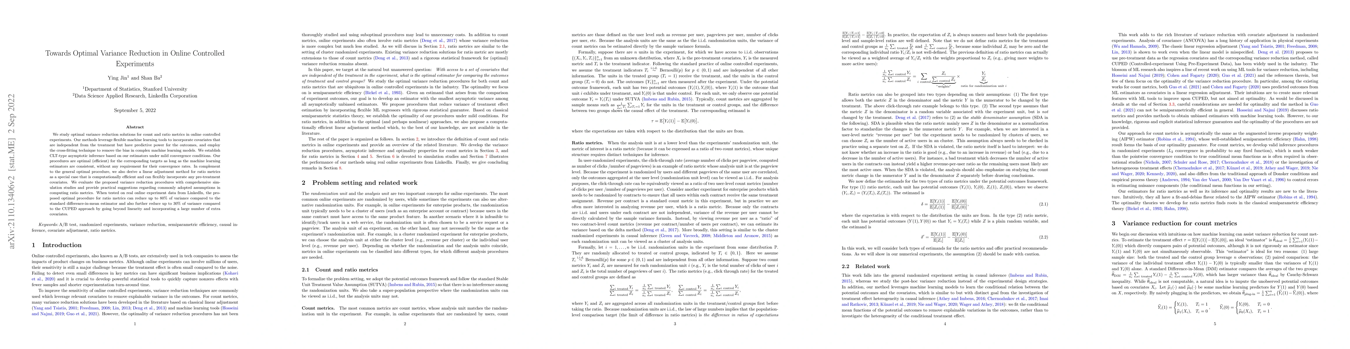 Thumbnail for Towards Optimal Variance Reduction in Online Controlled Experiments
