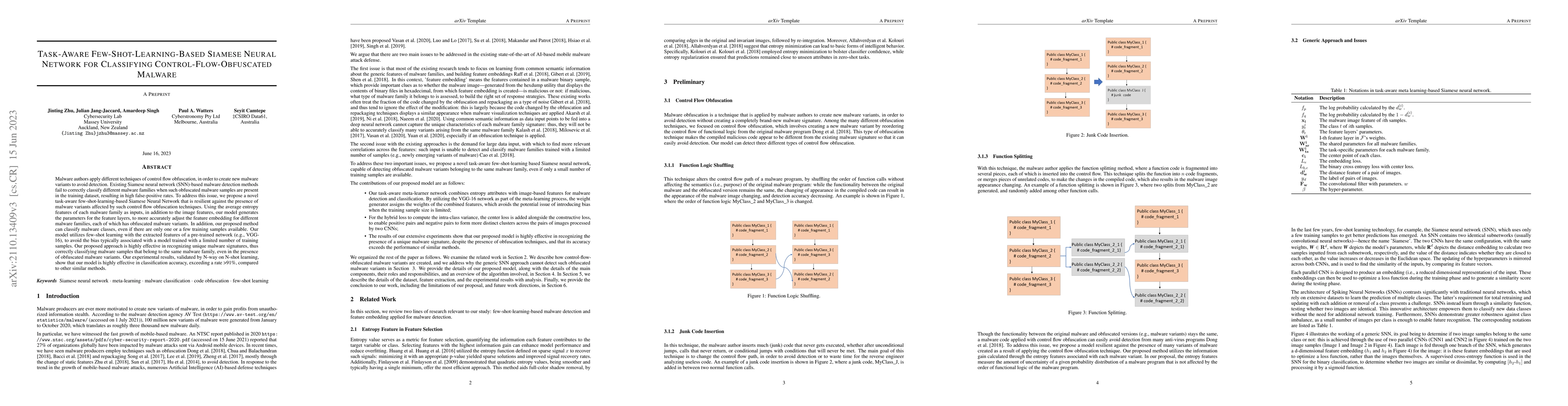 Thumbnail for Task-Aware Meta Learning-based Siamese Neural Network for Classifying
  Obfuscated Malware