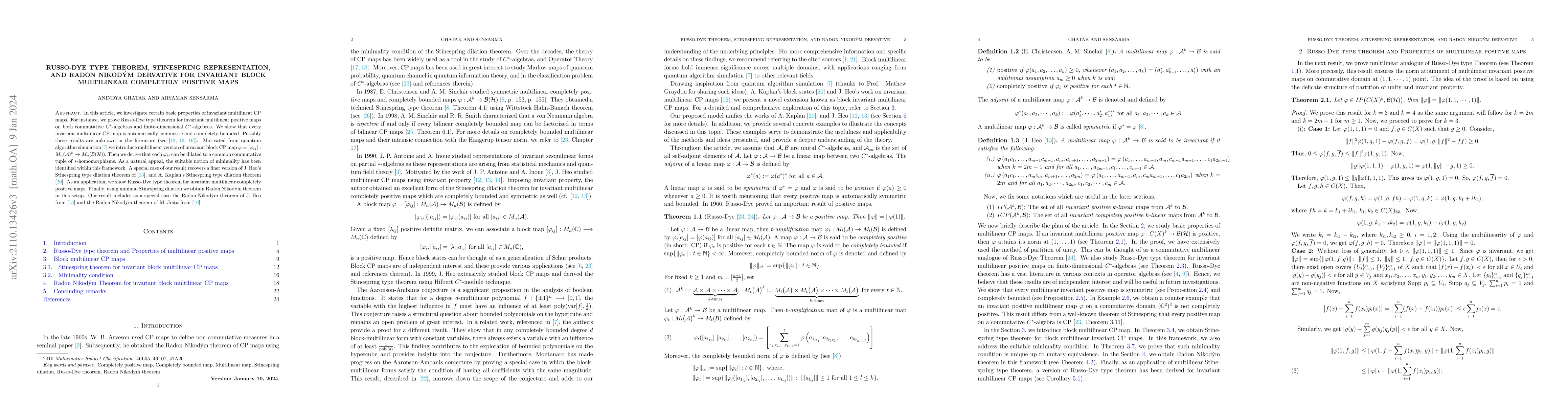 Thumbnail for Russo-Dye type Theorem, Stinespring representation,and Radon Nikodym
  dervative for invariant block multilinear completely positive maps