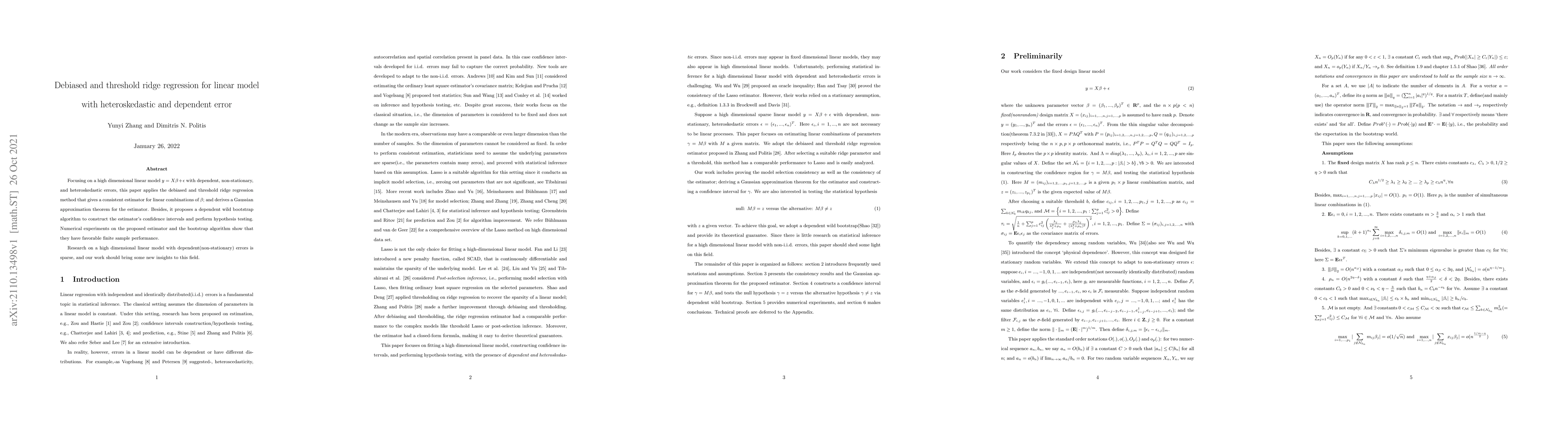 Thumbnail for Debiased and threshold ridge regression for linear model with
  heteroskedastic and dependent error