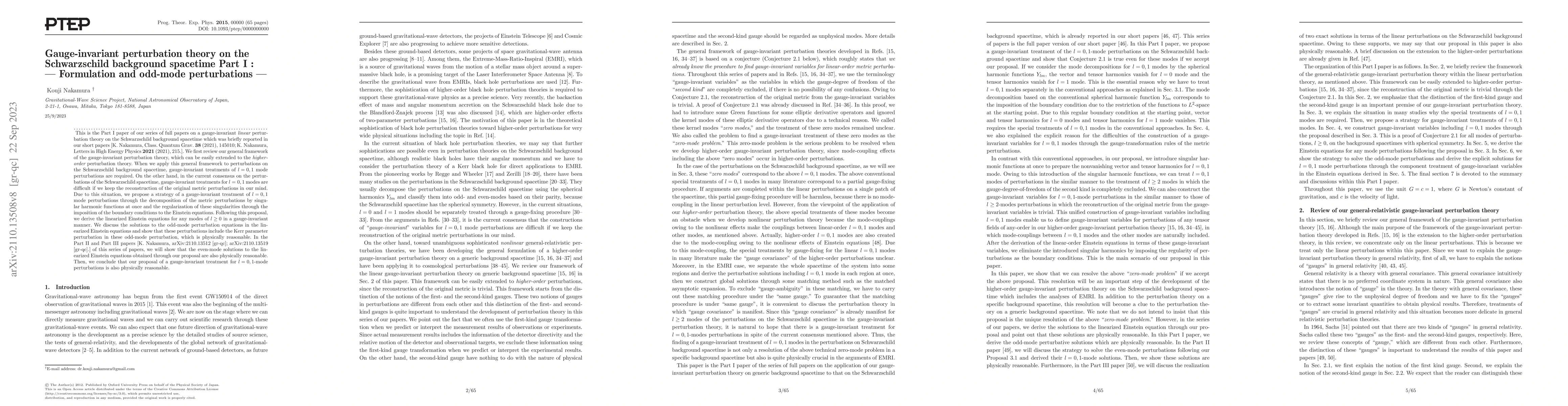 Thumbnail for Gauge-invariant perturbation theory on the Schwarzschild background
  spacetime Part I : -- Formulation and odd-mode perturbations