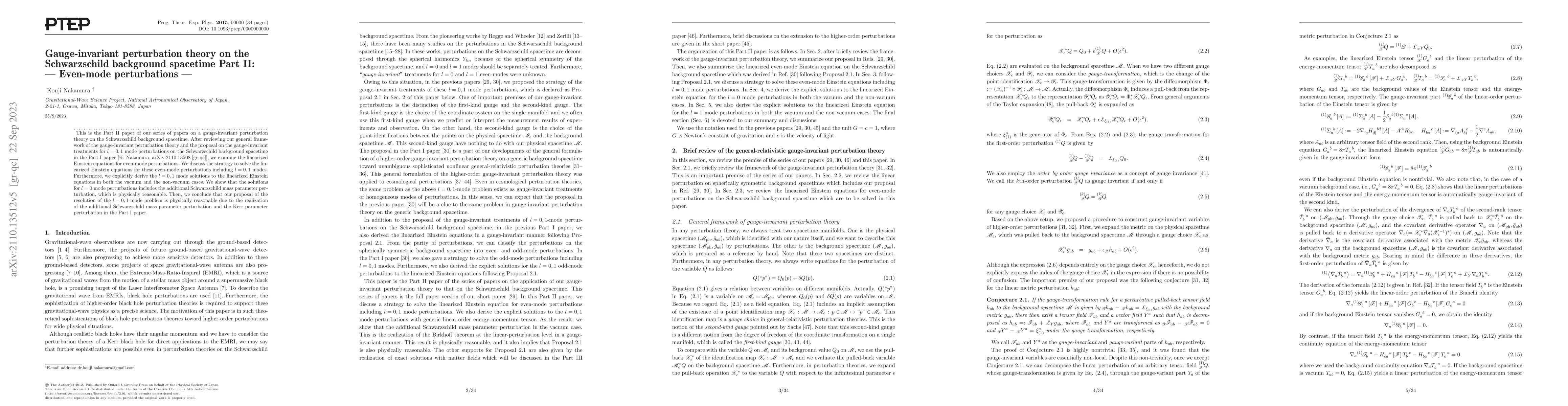 Thumbnail for Gauge-invariant perturbation theory on the Schwarzschild background
  spacetime Part II: -- Even-mode perturbations