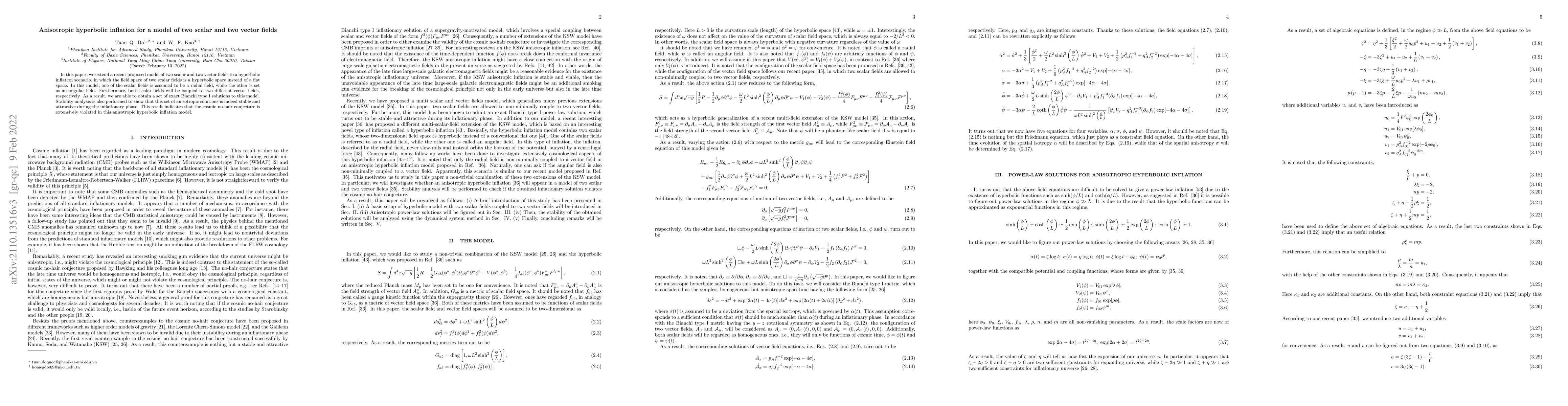 Thumbnail for Anisotropic hyperbolic inflation for a model of two scalar and two
  vector fields