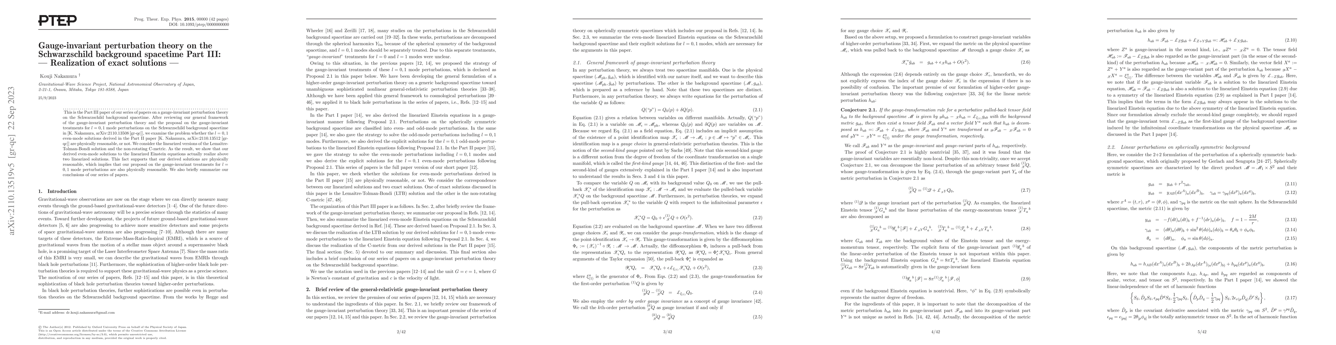 Thumbnail for Gauge-invariant perturbation theory on the Schwarzschild background
  spacetime Part III: -- Realization of exact solutions