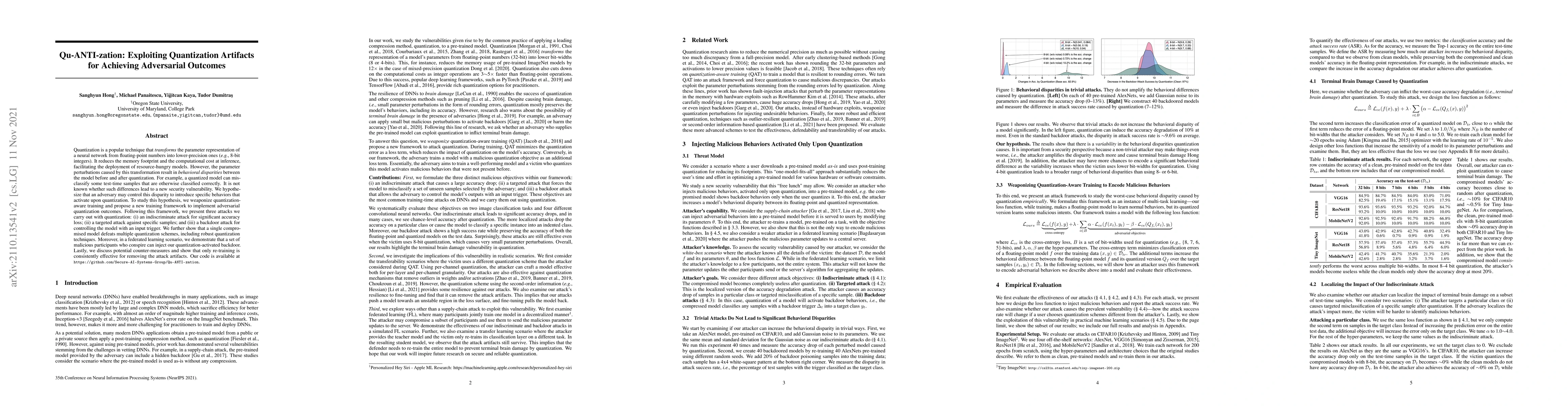 Thumbnail for Qu-ANTI-zation: Exploiting Quantization Artifacts for Achieving
  Adversarial Outcomes