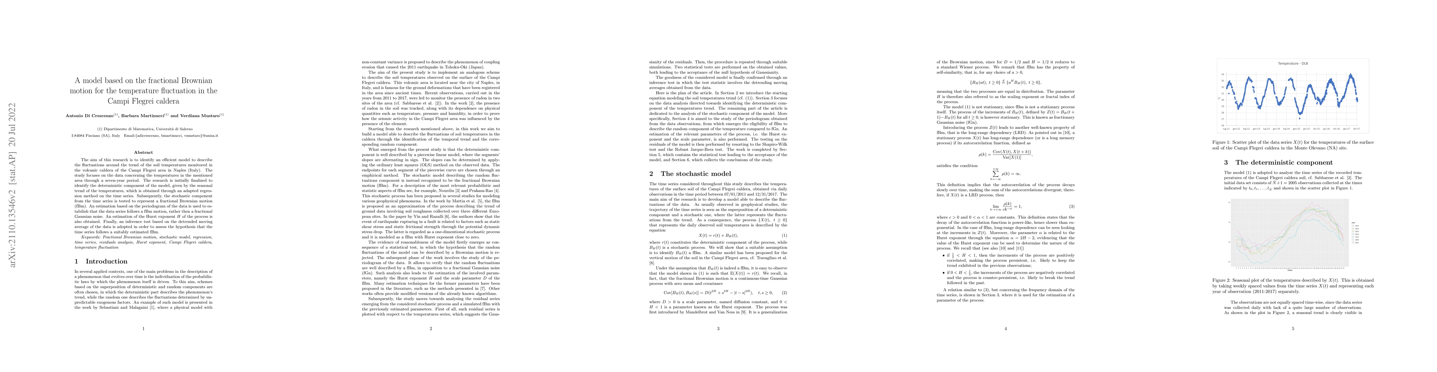 Thumbnail for A model based on the fractional Brownian motion for the temperature
  fluctuation in the Campi Flegrei caldera