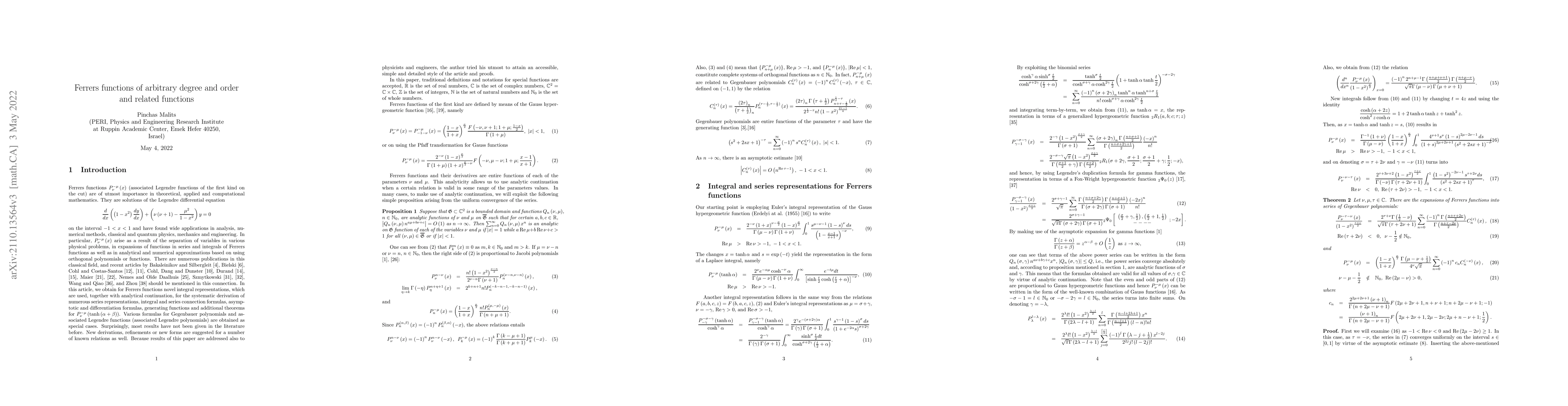 Thumbnail for Ferrers functions of arbitrary degree and order and related functions