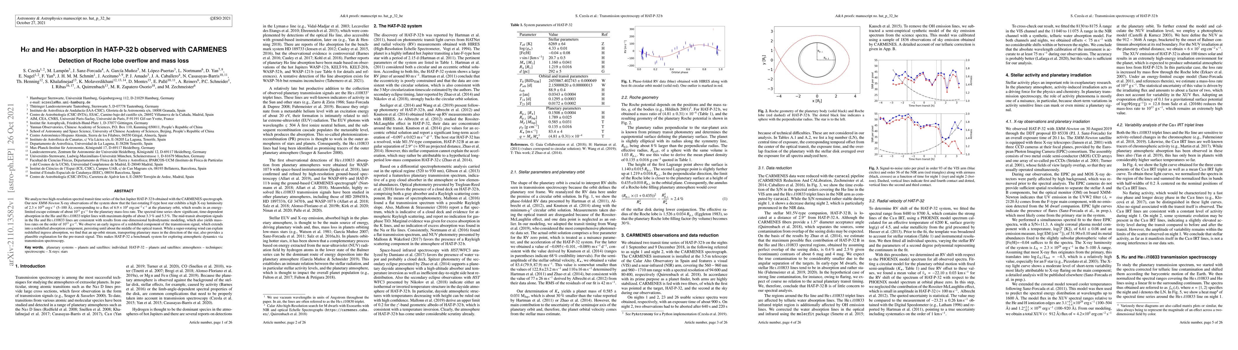 Thumbnail for H$\alpha$ and He I absorption in HAT-P-32 b observed with CARMENES --
  Detection of Roche lobe overflow and mass loss