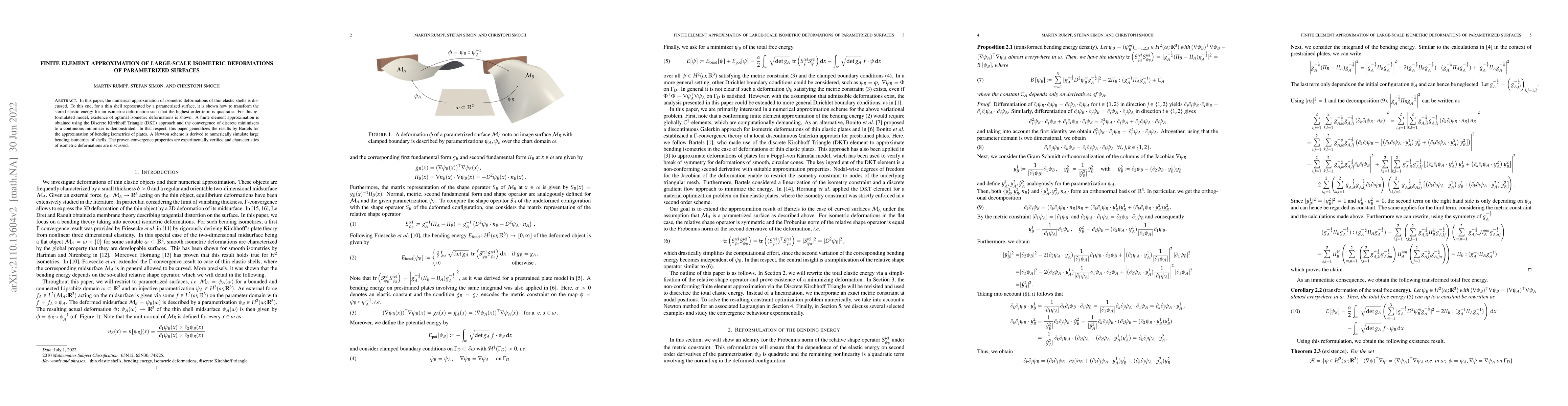 Thumbnail for Finite Element Approximation of Large-Scale Isometric Deformations of
  Parametrized Surfaces