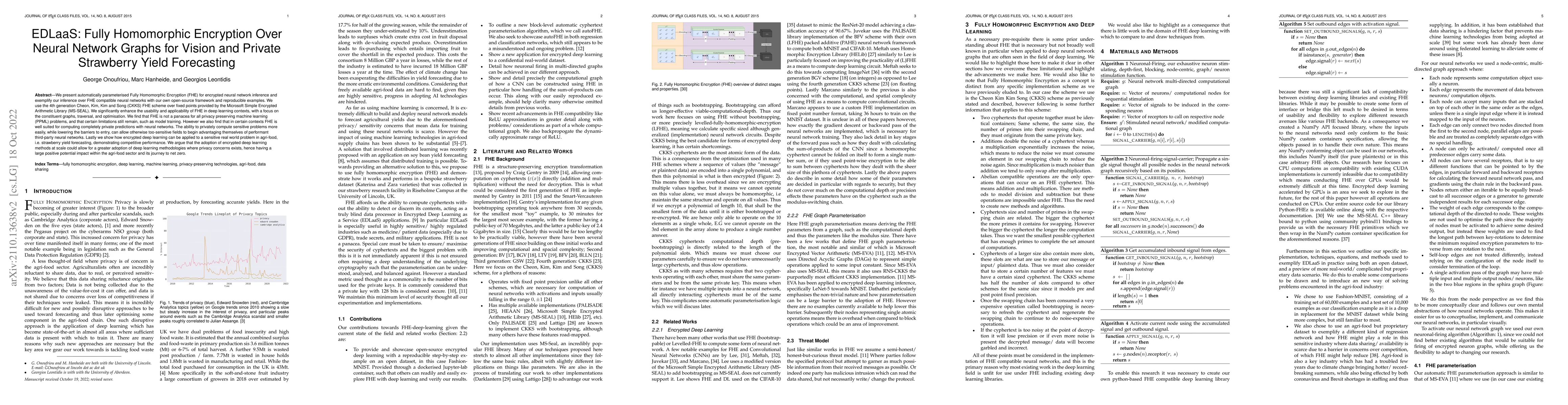 Thumbnail for EDLaaS: Fully Homomorphic Encryption Over Neural Network Graphs for
  Vision and Private Strawberry Yield Forecasting
