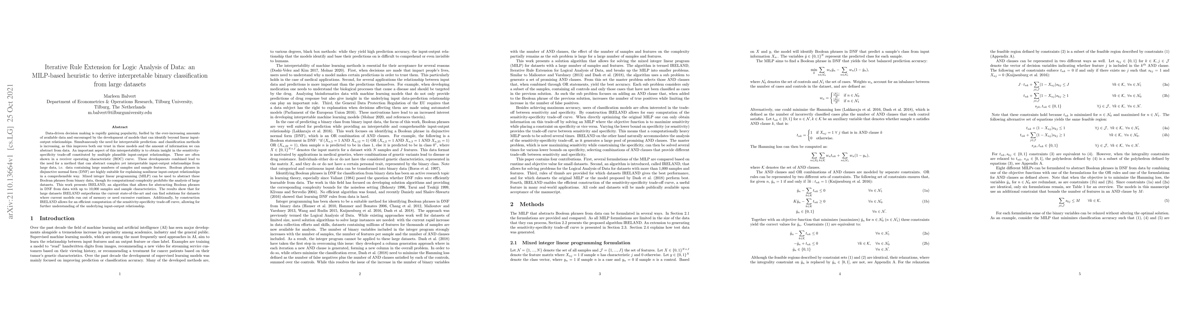 Thumbnail for Iterative Rule Extension for Logic Analysis of Data: an MILP-based
  heuristic to derive interpretable binary classification from large datasets