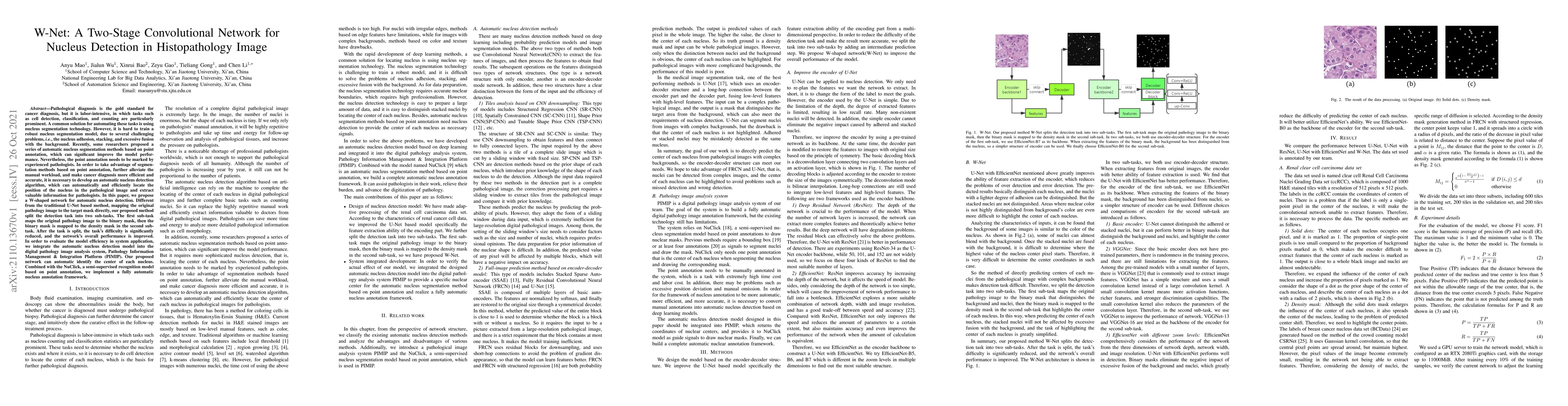 Thumbnail for W-Net: A Two-Stage Convolutional Network for Nucleus Detection in
  Histopathology Image