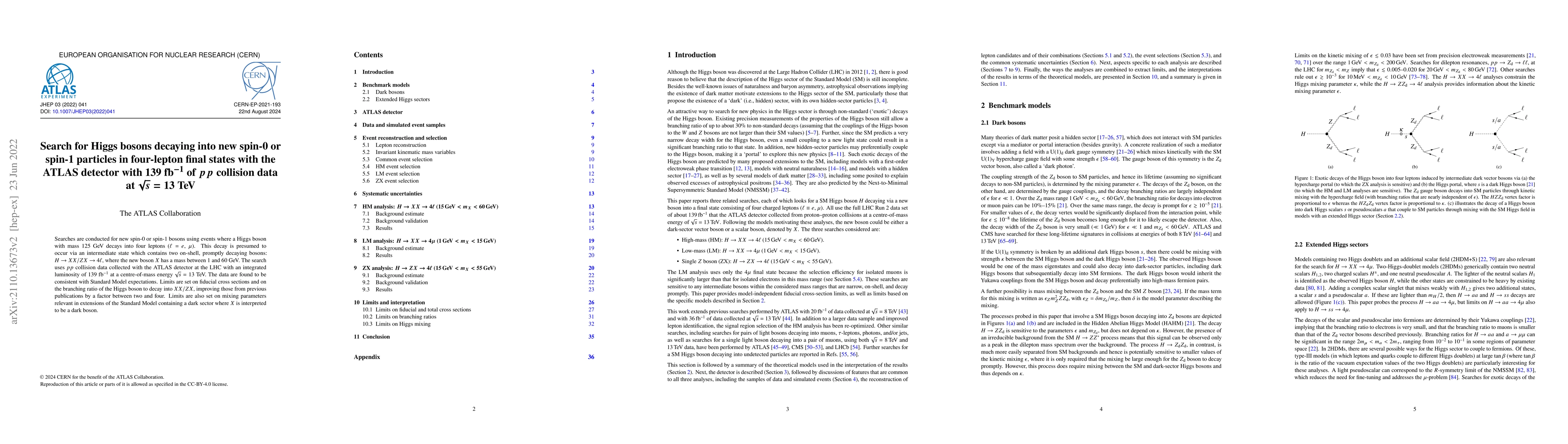 Thumbnail for Search for Higgs bosons decaying into new spin-0 or spin-1 particles in
  four-lepton final states with the ATLAS detector with 139 fb$^{-1}$ of $pp$
  collision data at $\sqrt{s}=13$ TeV