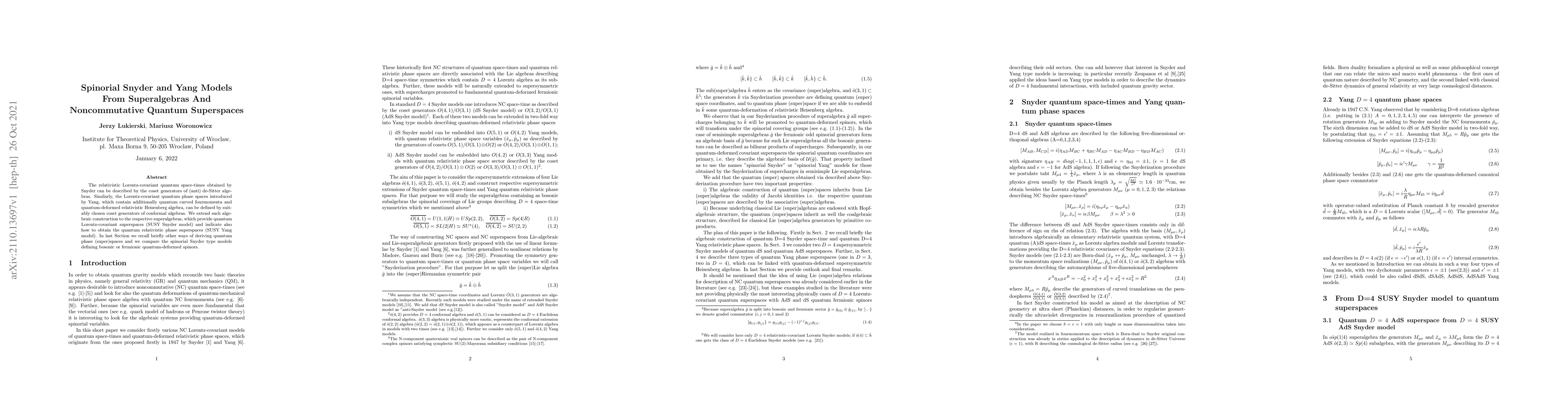 Thumbnail for Spinorial Snyder and Yang Models From Superalgebras And Noncommutative
  Quantum Superspaces
