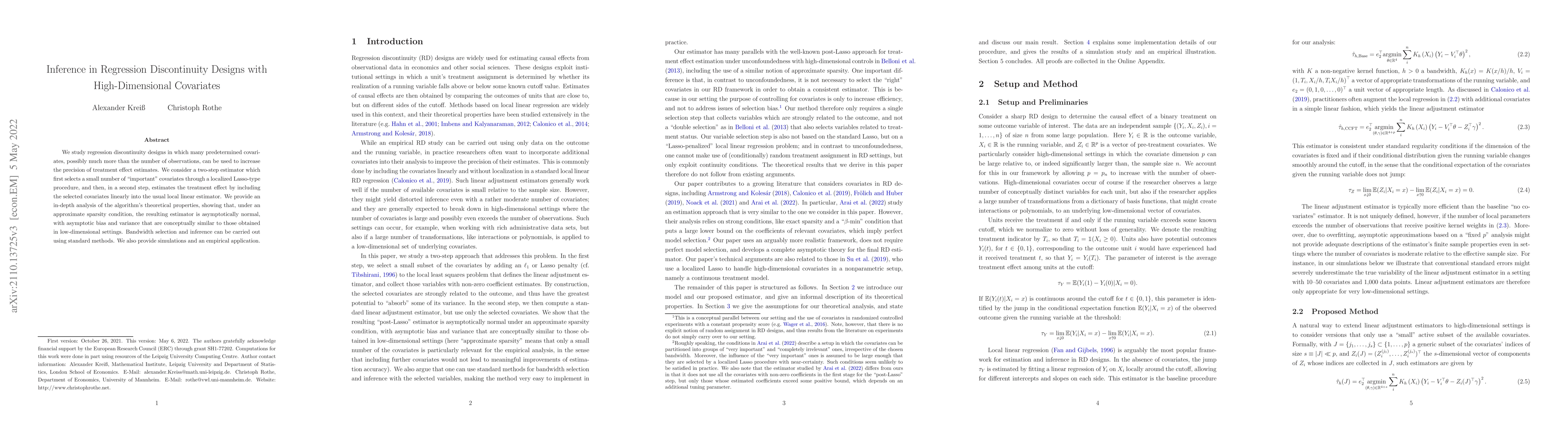 Thumbnail for Inference in Regression Discontinuity Designs with High-Dimensional
  Covariates