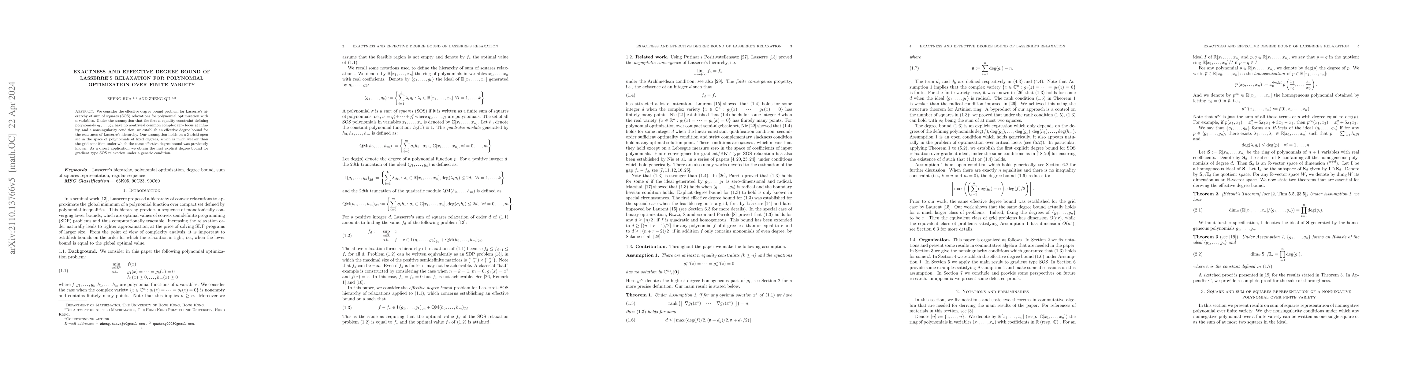 Thumbnail for Exactness and Effective Degree Bound of Lasserre's Relaxation for
  Polynomial Optimization over Finite Variety