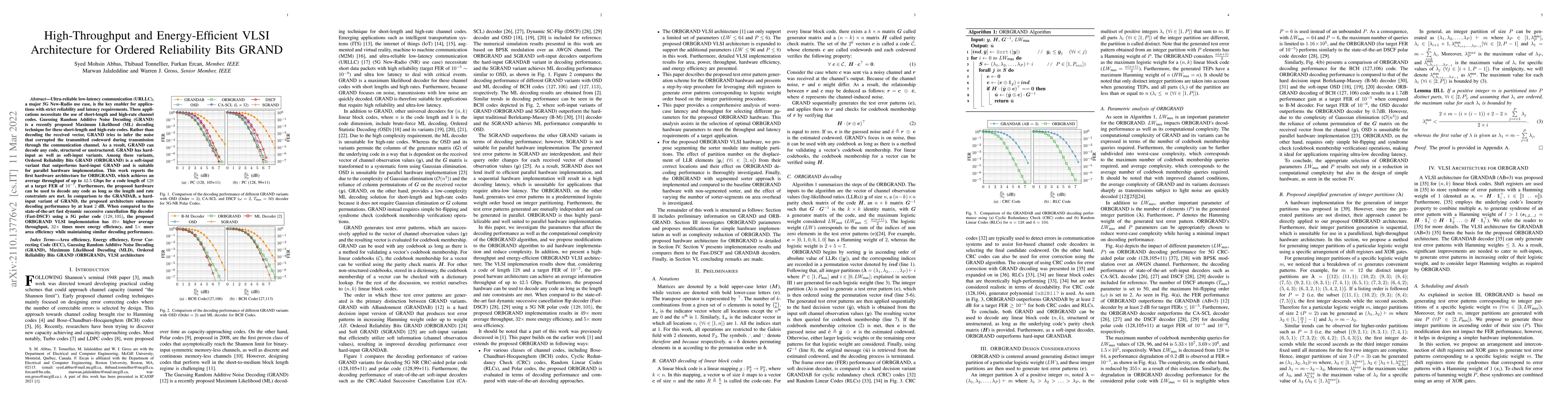 Thumbnail for High-Throughput and Energy-Efficient VLSI Architecture for Ordered
  Reliability Bits GRAND