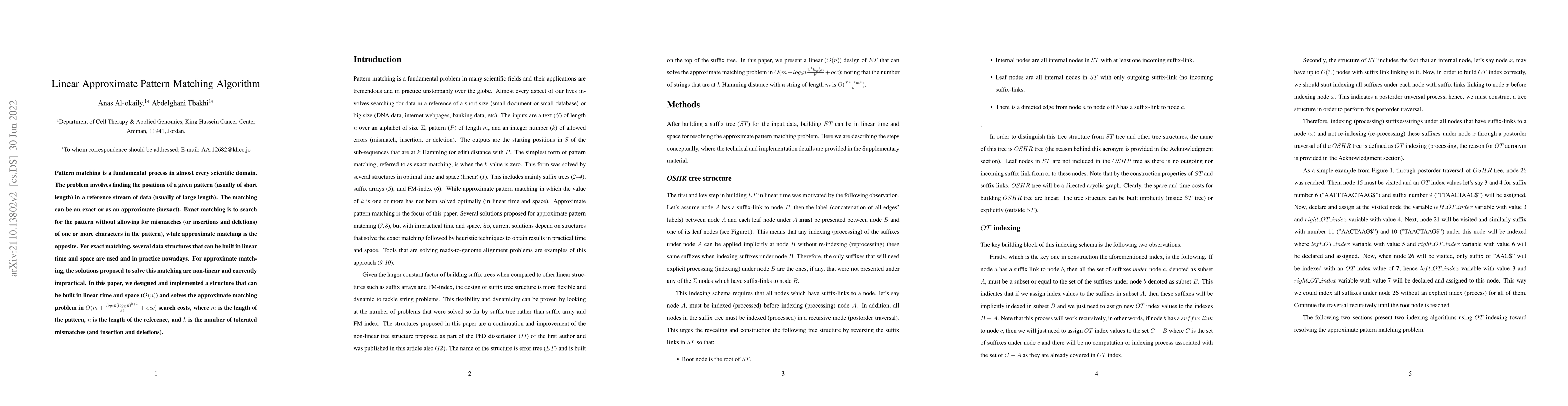 Thumbnail for Linear Approximate Pattern Matching Algorithm