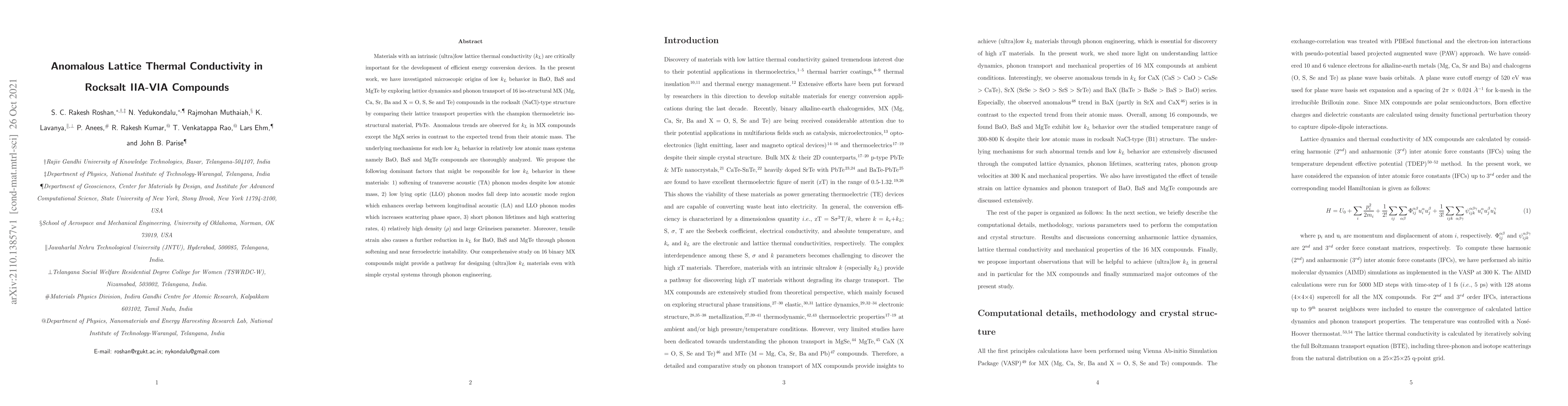 Thumbnail for Anomalous Lattice Thermal Conductivity in Rocksalt IIA-VIA Compounds