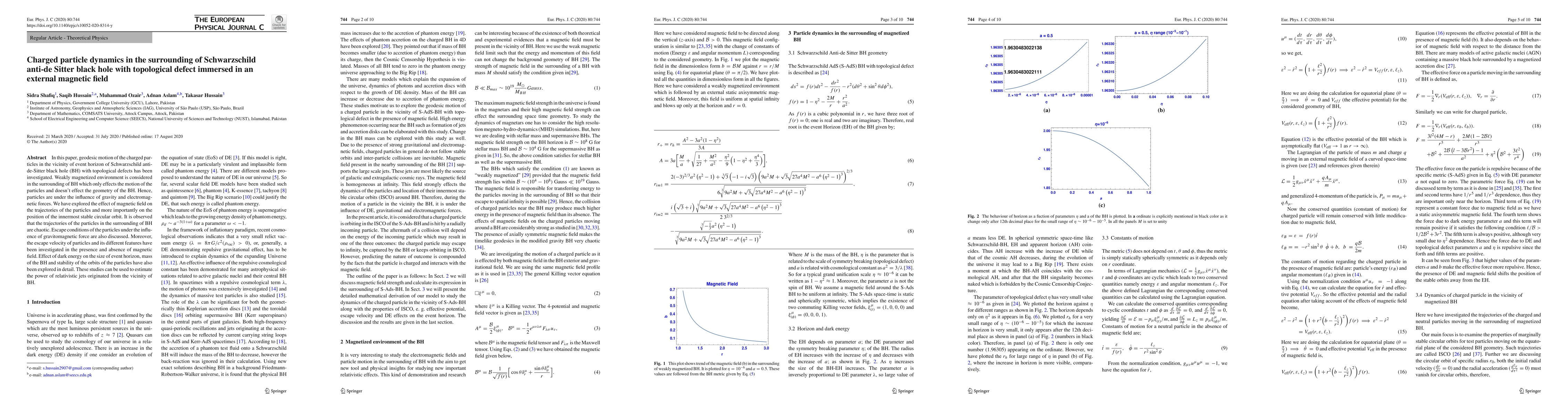 Thumbnail for Charged particle dynamics in the surrounding of Schwarzschild anti-de
  Sitter black hole with topological defect immersed in an external magnetic
  field