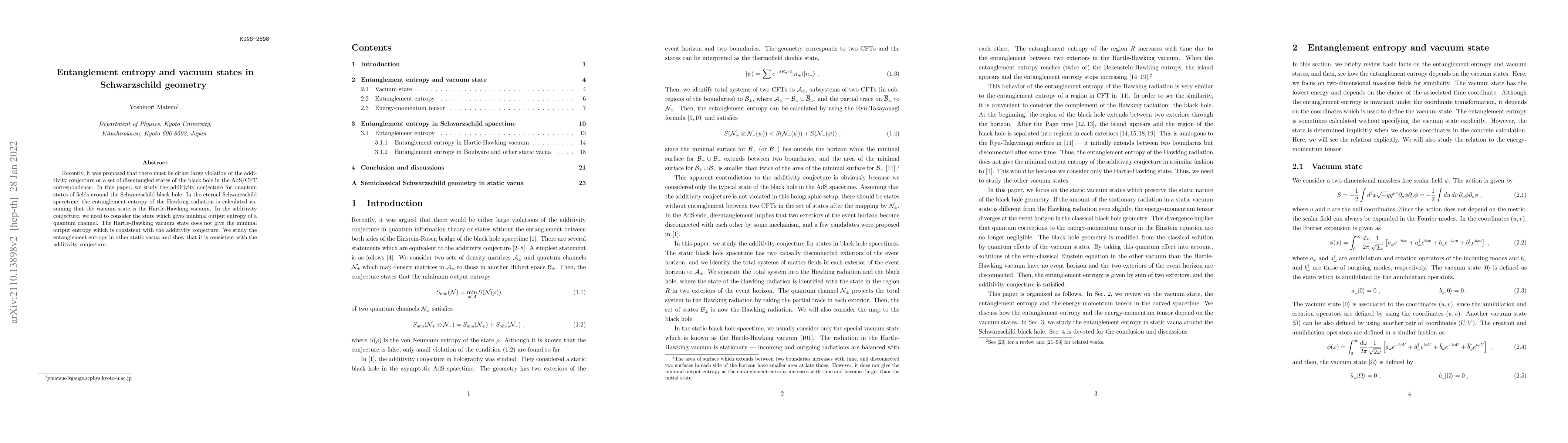 Thumbnail for Entanglement entropy and vacuum states in Schwarzschild geometry
