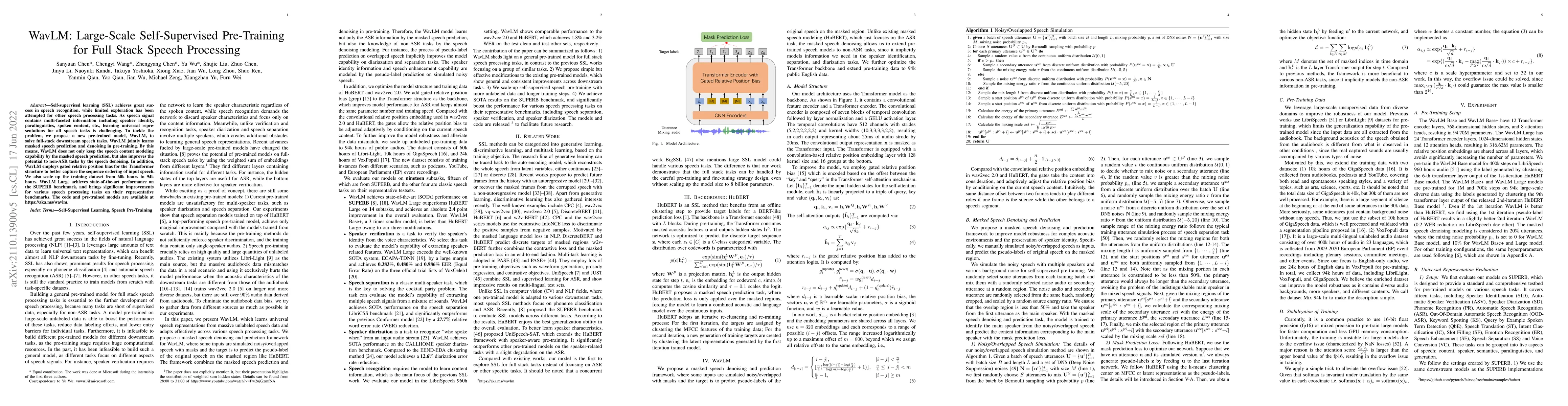 Thumbnail for WavLM: Large-Scale Self-Supervised Pre-Training for Full Stack Speech
  Processing