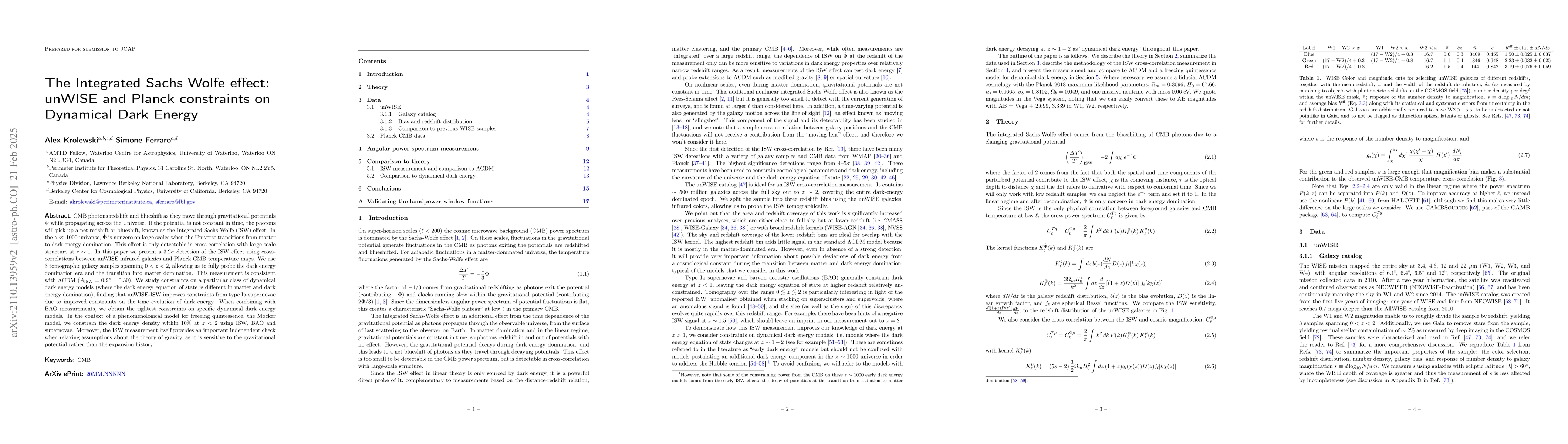 Thumbnail for The Integrated Sachs Wolfe effect: unWISE and Planck constraints on
  Dynamical Dark Energy