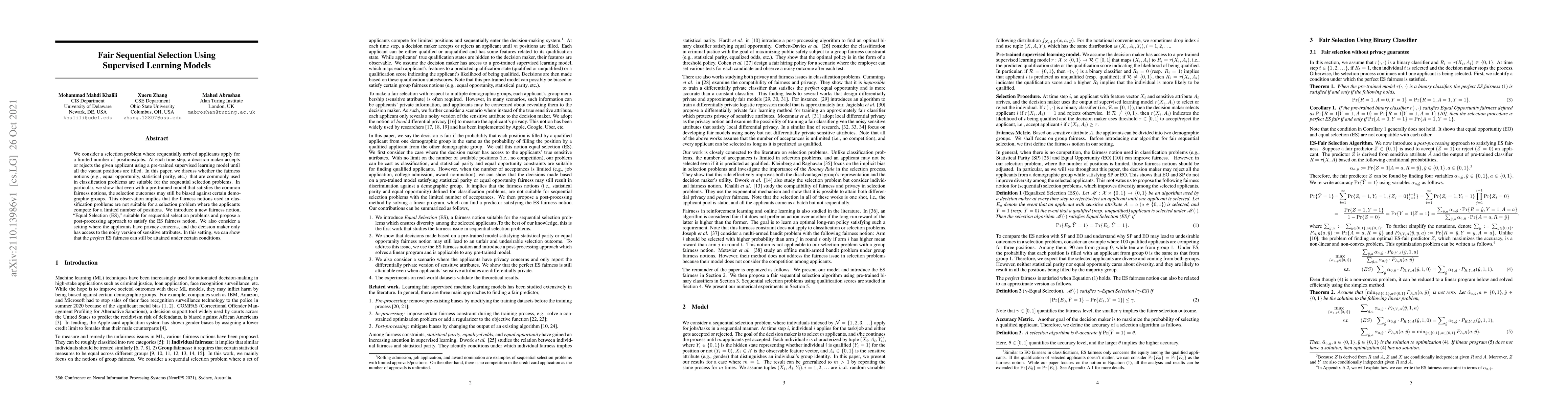 Thumbnail for Fair Sequential Selection Using Supervised Learning Models