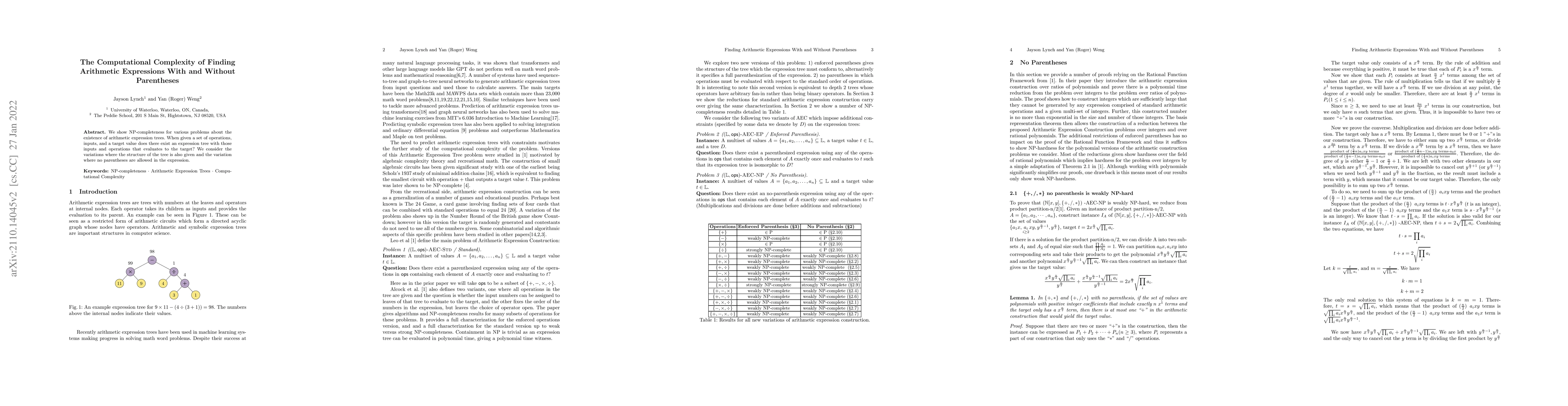 Thumbnail for The Computational Complexity of Finding Arithmetic Expressions With and
  Without Parentheses