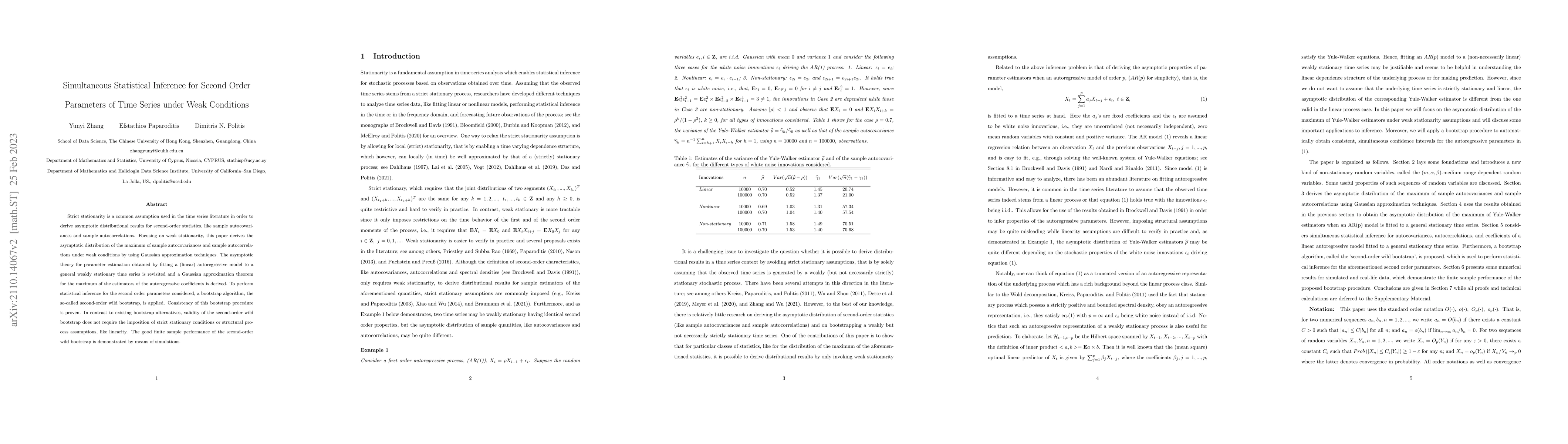 Thumbnail for Simultaneous Statistical Inference for Second Order Parameters of Time
  Series under Weak Conditions