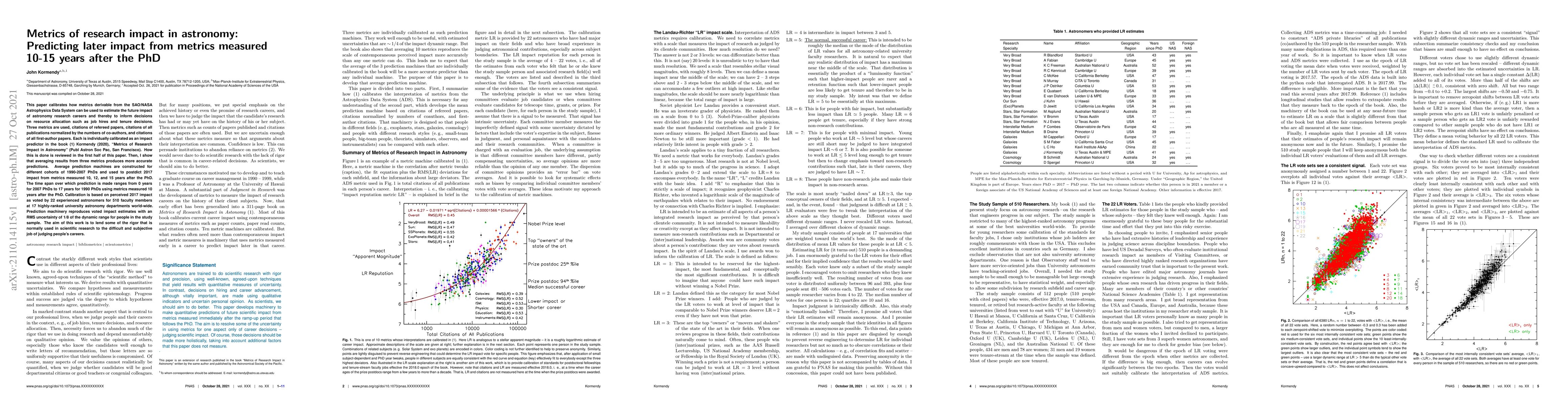Thumbnail for Metrics of research impact in astronomy: Predicting later impact from
  metrics measured 10-15 years after the PhD