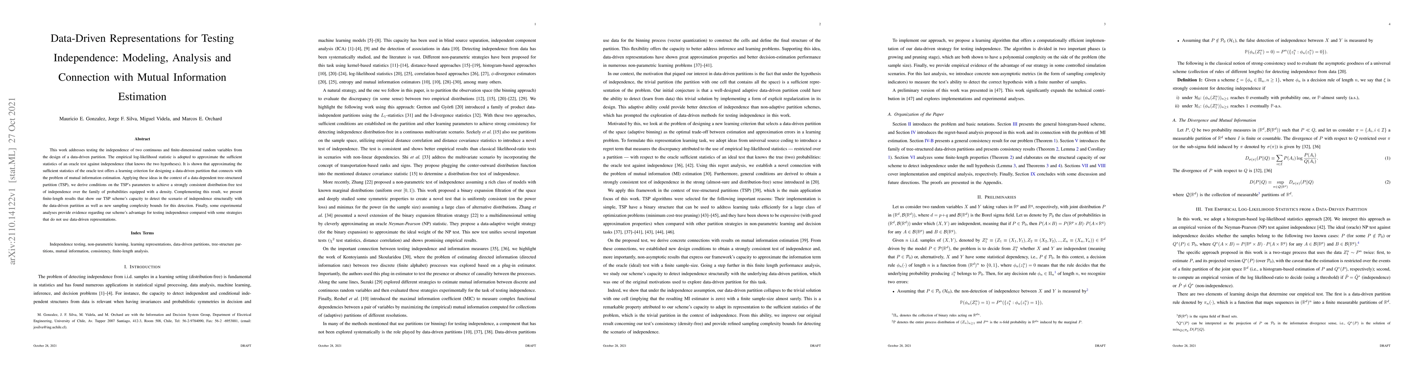 Thumbnail for Data-Driven Representations for Testing Independence: Modeling, Analysis
  and Connection with Mutual Information Estimation