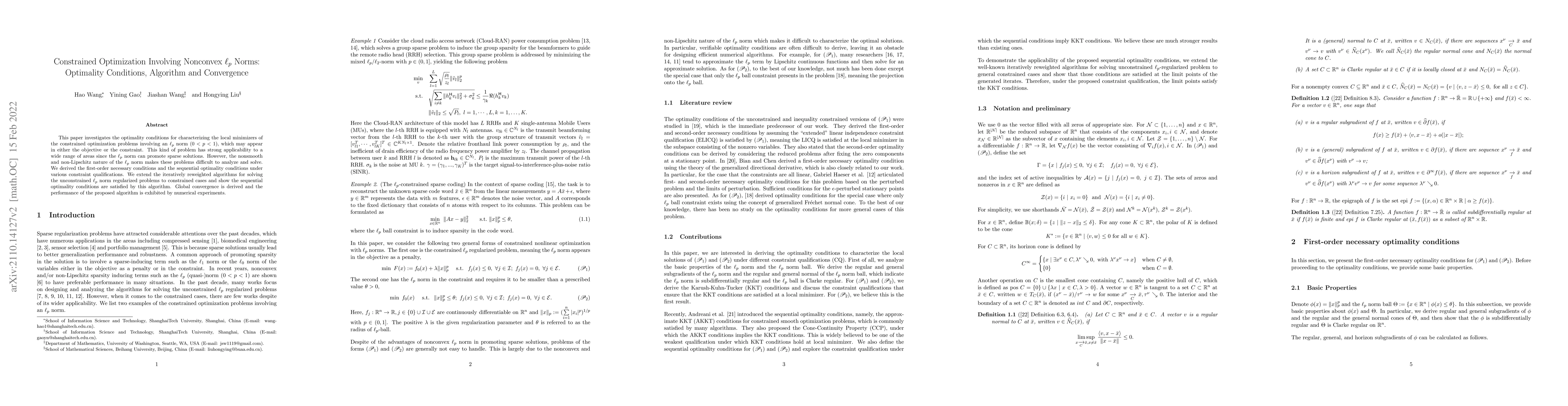 Thumbnail for Constrained Optimization Involving Nonconvex $\ell_p$ Norms: Optimality
  Conditions, Algorithm and Convergence