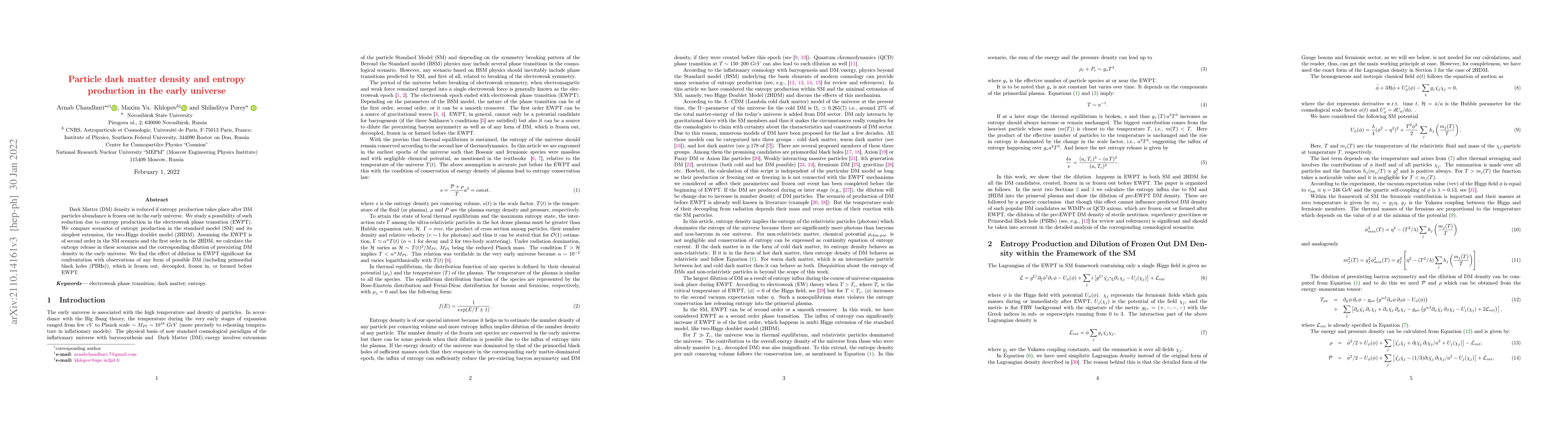 Thumbnail for Particle dark matter density and entropy production in the early
  universe