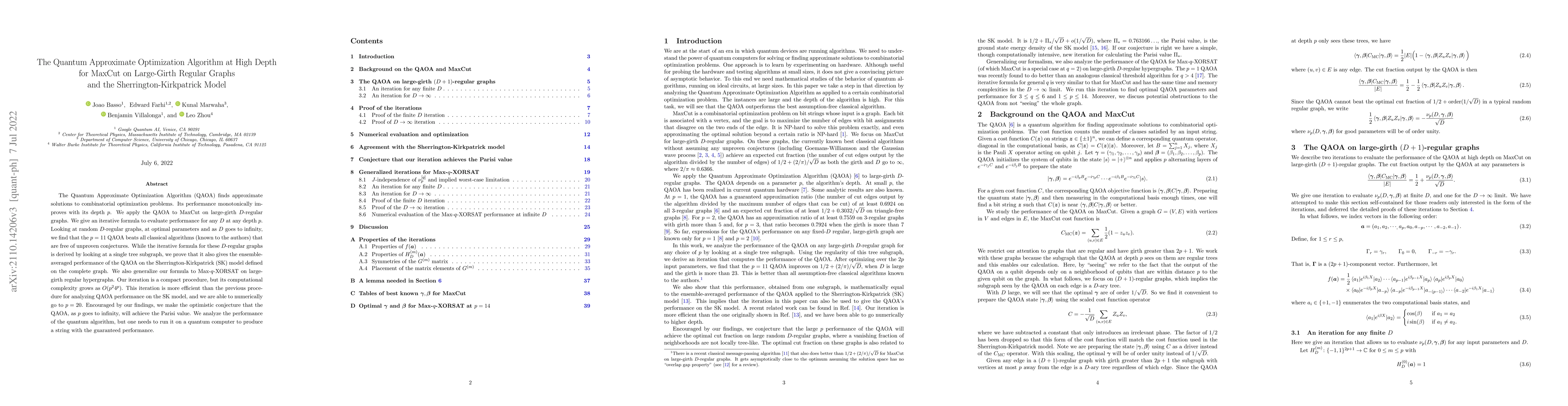 Thumbnail for The Quantum Approximate Optimization Algorithm at High Depth for MaxCut
  on Large-Girth Regular Graphs and the Sherrington-Kirkpatrick Model