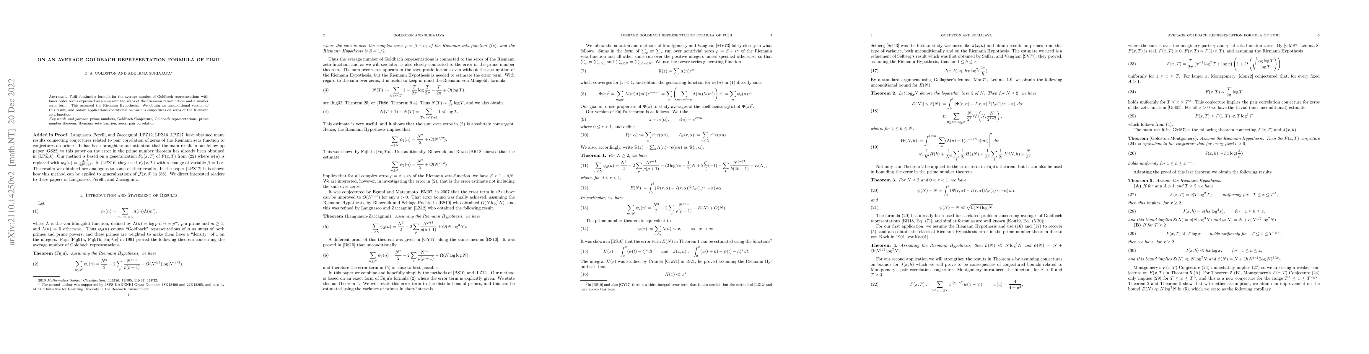 Thumbnail for On an Average Goldbach Representation Formula of Fujii