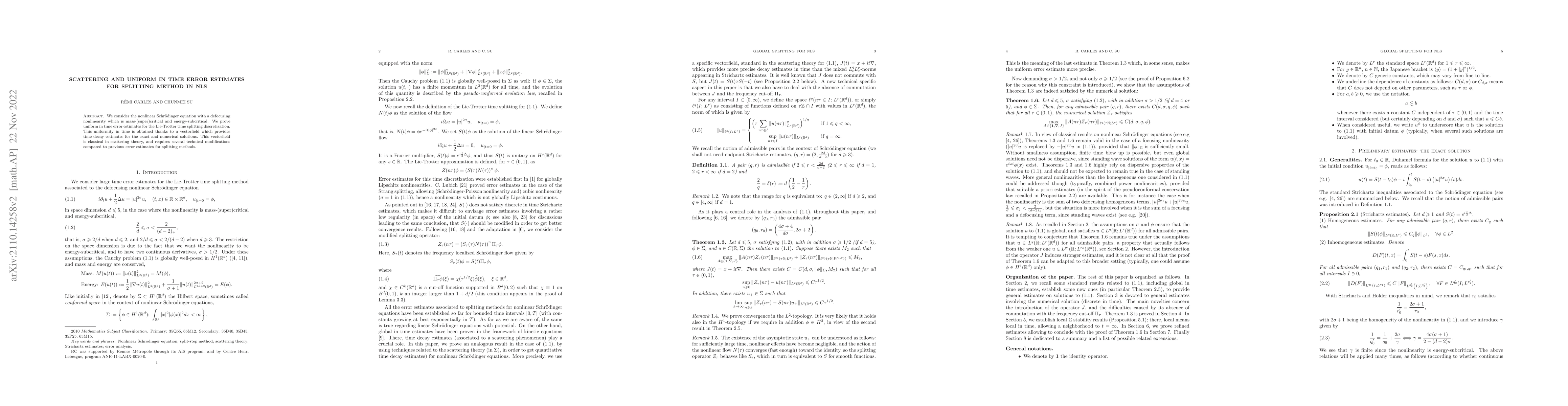 Thumbnail for Scattering and uniform in time error estimates for splitting method in
  NLS