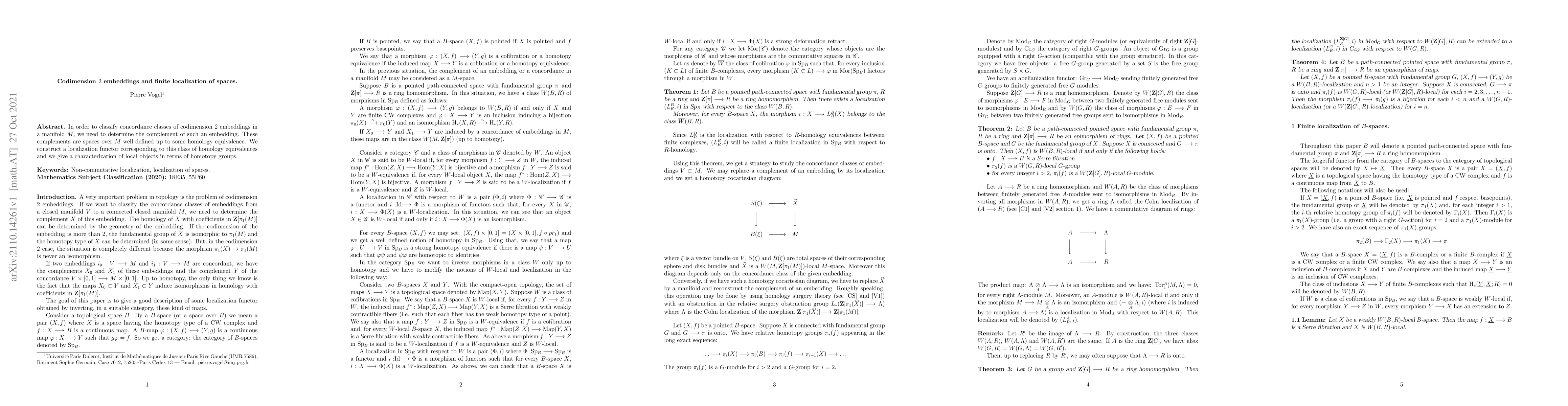 Thumbnail for Codimension 2 embeddings and finite localization of spaces
