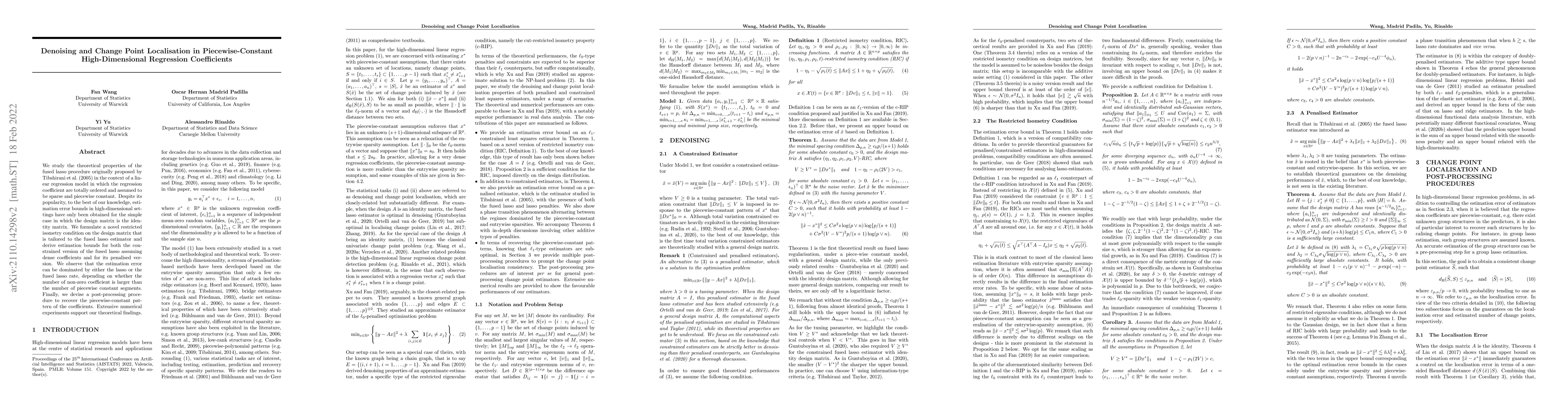 Thumbnail for Denoising and change point localisation in piecewise-constant
  high-dimensional regression coefficients