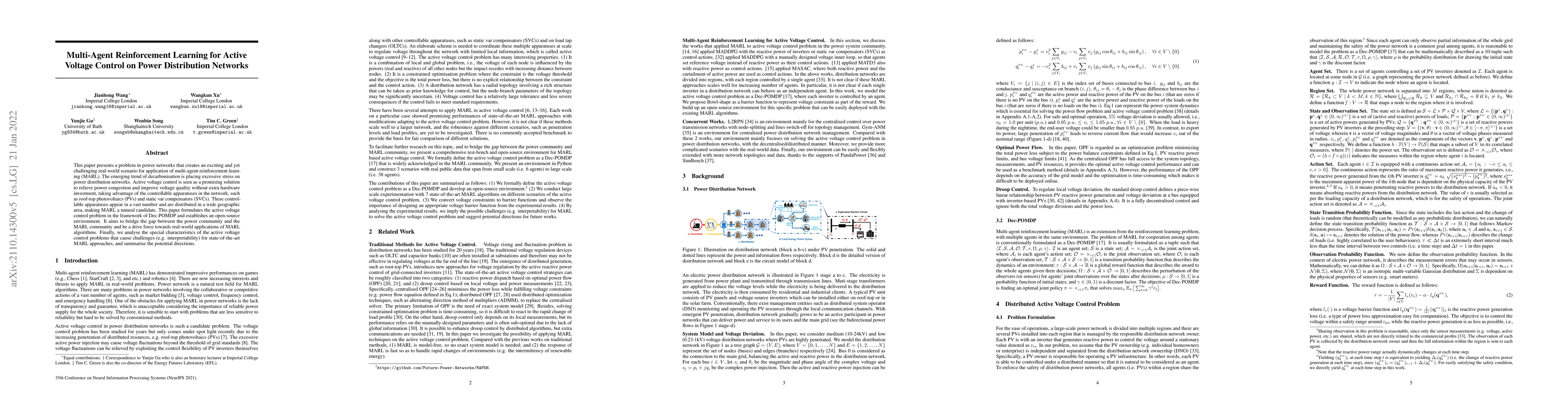Thumbnail for Multi-Agent Reinforcement Learning for Active Voltage Control on Power
  Distribution Networks