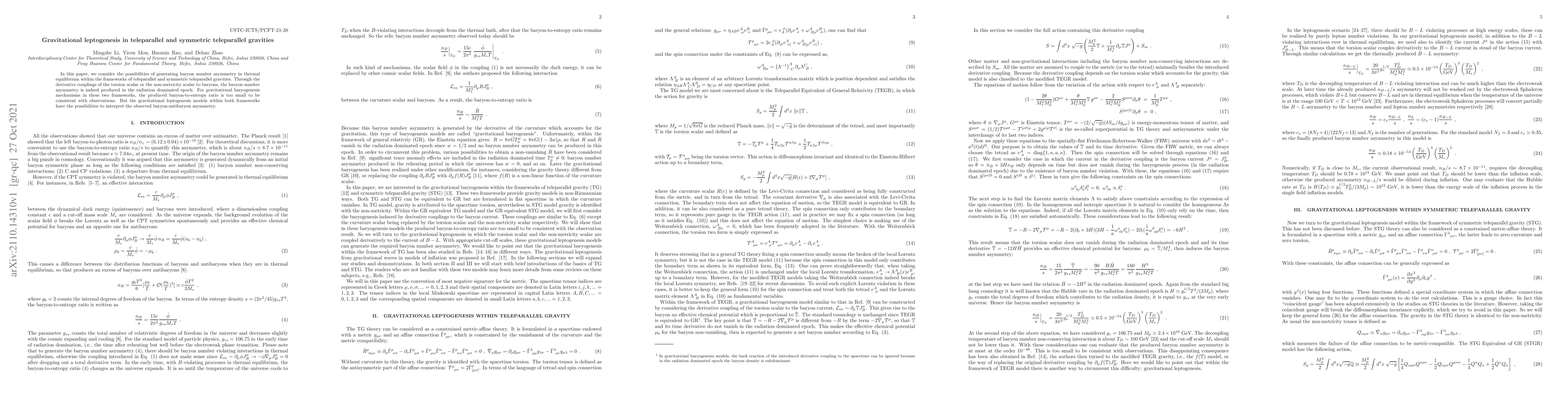Thumbnail for Gravitational leptogenesis in teleparallel and symmetric teleparallel
  gravities