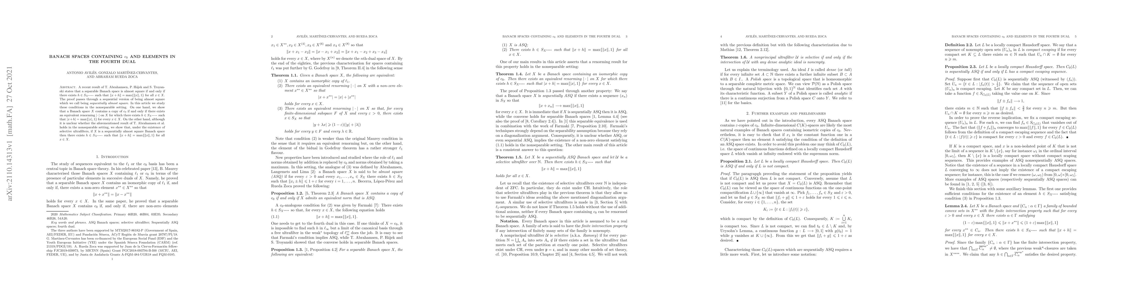 Thumbnail for Banach spaces containing $c_0$ and elements in the fourth dual