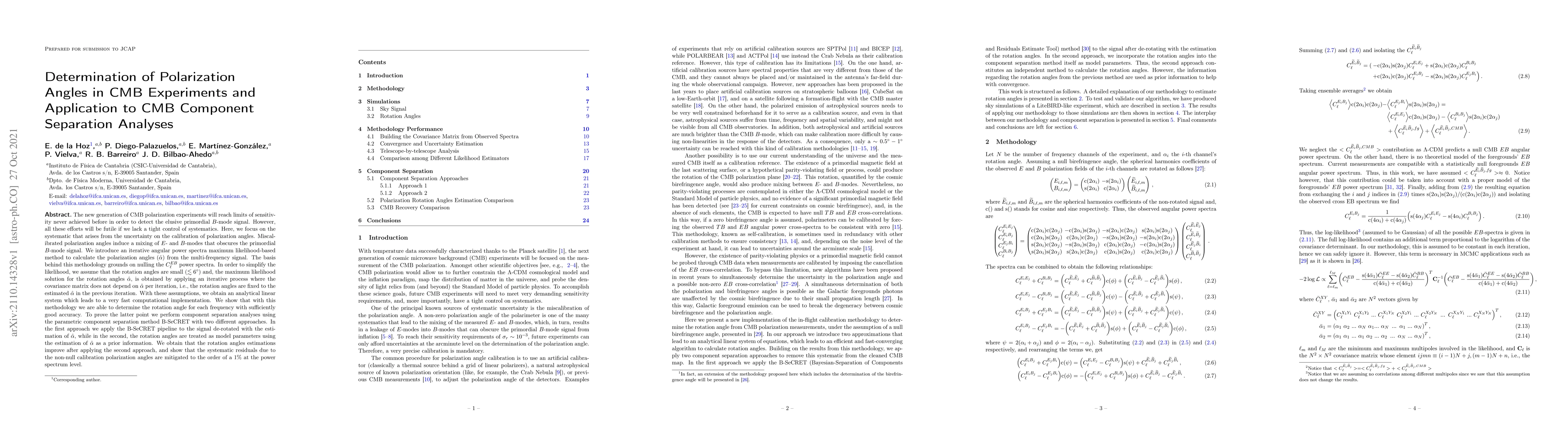Thumbnail for Determination of Polarization Angles in CMB Experiments and Application
  to CMB Component Separation Analyses