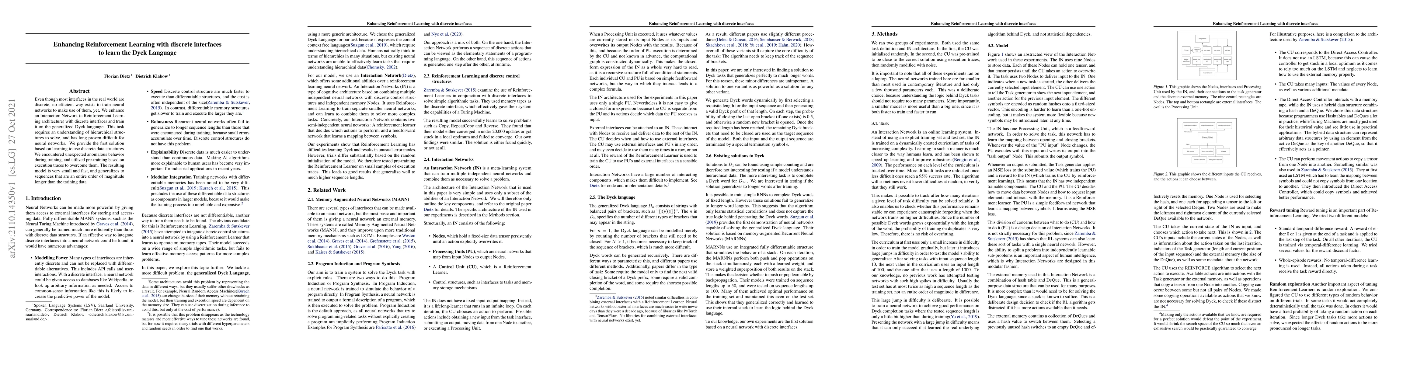 Thumbnail for Enhancing Reinforcement Learning with discrete interfaces to learn the
  Dyck Language