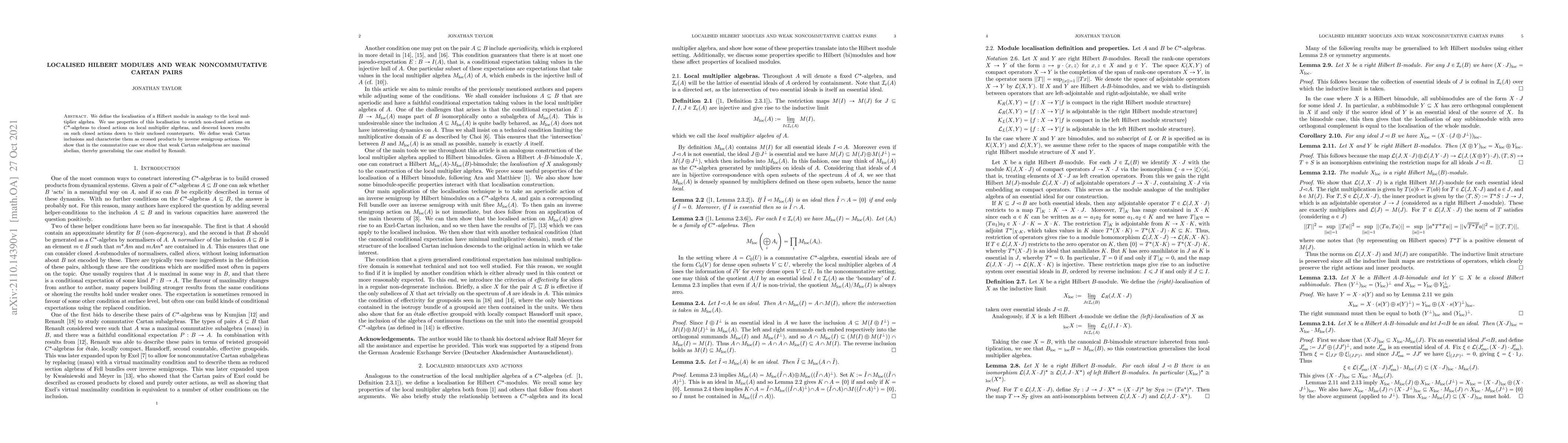Thumbnail for Localised Hilbert modules and weak noncommutative Cartan pairs