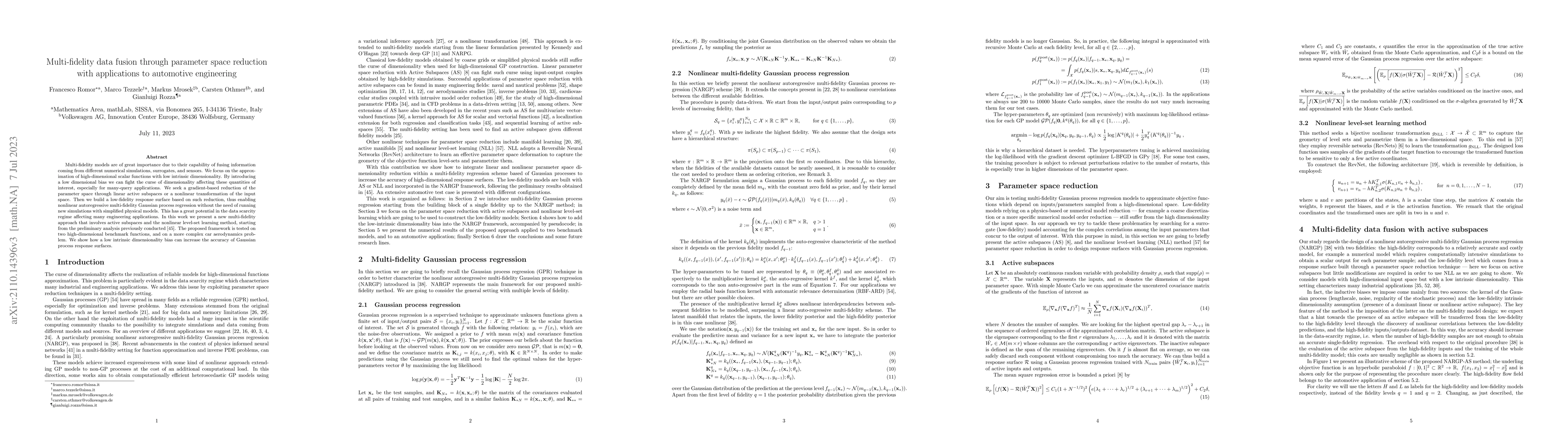 Thumbnail for Multi-fidelity data fusion through parameter space reduction with
  applications to automotive engineering